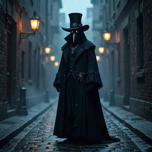 In this eerie, AI-generated image, a mysterious figure stands ominously in the middle of a cobblestone street, flanked by brick buildings on either side. The scene is shrouded in a thick fog, adding to the unsettling atmosphere. The figure is dressed entirely in black, wearing a long coat with frilly sleeves, a vest, and a top hat. Their face is obscured by a bird-like mask with glowing orange eyes, giving them a ghostly appearance. The figure's hands are covered by black gloves, and a chain hangs ominously from their coat. The cobblestone street beneath them is slick with moisture, reflecting the dim light from the gas lamps lining the buildings. The buildings themselves are constructed of red brick, with windows and doors visible, though the details fade into the misty background. The overall effect is haunting and surreal, as if plucked from a dark fantasy or horror story.