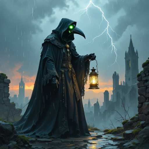 In this detailed and atmospheric illustration, a mysterious figure stands prominently in the foreground. The character, reminiscent of a plague doctor, is adorned in a long, dark cloak with a hood that casts deep shadows over their face. Their most striking feature is a beak-like mask, glowing eerily with a green light, and piercing green eyes that pierce through the gloom. The figure's attire includes a black belt with a gold buckle and a medallion hanging around their neck, adding to their enigmatic presence.

In their left hand, they hold a lit lantern, casting a warm glow that contrasts with the surrounding darkness. The ground beneath them is a rocky terrain, scattered with patches of grass and moss, suggesting a damp, possibly swampy environment. Behind the figure, the sky is filled with dark, ominous clouds, pierced by a dramatic lightning bolt that illuminates the scene. The background reveals a cityscape with tall, pointed buildings, including a prominent cathedral with a cross atop its steeple, adding to the gothic and foreboding ambiance of the illustration.