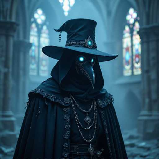 The image depicts a mysterious figure standing in the middle of a grand, yet dilapidated church. The character is adorned in an elaborate black cloak and hood, with a tall, pointed hat featuring a wide brim and a central jewel. Their face is obscured by a striking bird-like mask, reminiscent of a plague doctor's, with glowing blue eyes that pierce through the darkness. The figure's attire is further embellished with multiple necklaces, each ending in intricate pendants. The church's interior, though grand with its towering stained glass windows and columns, is shrouded in a thick haze, adding to the eerie atmosphere. The floor is strewn with debris, suggesting long-term neglect. The overall scene evokes a sense of foreboding and otherworldliness, as if plucked from a dark fantasy or horror narrative.