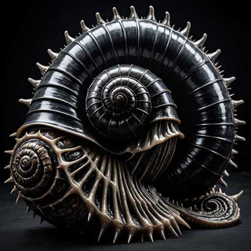 This image showcases a meticulously crafted sculpture of a snail, set against a stark black background. The snail's shell is predominantly black, adorned with intricate silver lines that spiral from the outer edge towards the center, creating a mesmerizing pattern. The shell's surface is further embellished with numerous spikes, adding a touch of sharpness to its otherwise elegant form. The sculpture's base is a tan color, providing a striking contrast to the dark shell. The snail's body, visible at the bottom, is a deep brown, seamlessly blending with the overall aesthetic of the piece. The entire composition exudes a sense of artistry and attention to detail, making it a captivating visual experience.