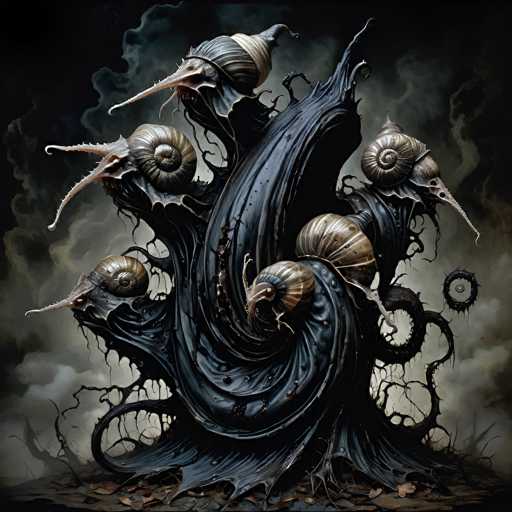The image depicts a dark, eerie scene with a black background that transitions into smoky gray and white at the bottom. Central to the composition is a large, black, snail-like creature with a pointed head and a long, pointed beak. This creature has a spiral shell on its back, which is adorned with a white band. Surrounding this central figure are several smaller snail-like creatures, each with similar spiral shells and beak-like protrusions. These smaller creatures are positioned around the larger one, creating a sense of movement and depth. The entire scene is set against a backdrop of swirling smoke, adding to the mysterious and unsettling atmosphere.