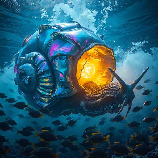 This is a highly detailed, computer-generated image of a large, metallic sea snail set against a deep blue ocean backdrop. The snail's shell is intricately designed with a shiny, reflective surface that exhibits a spectrum of colors including purples, blues, and pinks. The shell's structure is segmented, with a prominent spiral that curves around the snail's body. The snail's head, which protrudes from the shell, features two long, pointed antennae and a large, open mouth with a tongue extending outward. The interior of the snail's shell is brightly illuminated with a yellowish-orange glow, resembling a sun or light bulb. Surrounding the snail, a school of small fish with black bodies and yellow fins swim in various directions, adding to the dynamic underwater scene. The image captures the snail seemingly floating in the water, with bubbles rising around it, enhancing the sense of depth and movement in the ocean environment.