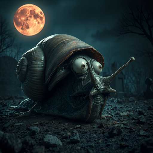A close-up, photorealistic image of a giant snail with an oversized, rusty shell, positioned in the center of a dark, eerie graveyard scene. The snail has large, bulging eyes and a long, textured antenna extending forward. It's nestled amongst dark, uneven stones and dirt, with a full, orange moon hanging in the dark, cloudy sky behind it. The overall lighting is dim and atmospheric, emphasizing a sense of mystery and perhaps a touch of the fantastical.