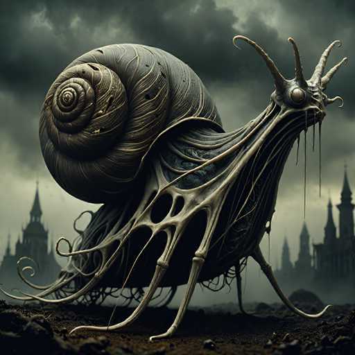 The image depicts a highly detailed, computer-generated 3D model of a monstrous snail set against a dark, ominous backdrop. The snail, which appears to be made of a metallic or skeletal material, has a body that is primarily gray with intricate gold and silver lines running through it. Its shell is spiral-shaped, adorned with similar gold and silver patterns, and features a large eye at the top. The creature has numerous tentacle-like appendages extending from its body, some of which resemble spider legs or tentacles, and it has four prominent antennae on its head. The snail stands on a dirt ground scattered with rocks, and in the background, there are tall, dark buildings with pointed roofs, possibly castles or cathedrals, adding to the eerie atmosphere. The sky above is filled with dark, stormy clouds, enhancing the overall menacing and surreal quality of the scene.