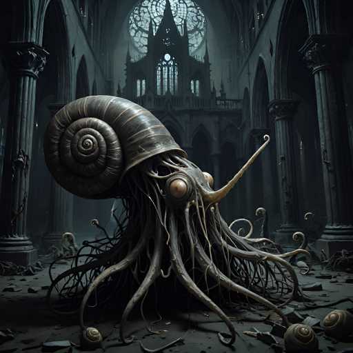 The image depicts a surreal and eerie scene set within the grandiose architecture of a cathedral. Dominating the foreground is a monstrous creature with a snail-like shell, from which emerge numerous tentacles and two large, bulbous eyes. The creature appears to be emerging from the depths of the cathedral floor, surrounded by scattered debris and smaller snail-like shells. The cathedral itself is in a state of disrepair, with broken pillars and a shattered stained glass window in the background, adding to the overall sense of decay and desolation. The color palette is muted, featuring shades of gray, brown, and black, which enhances the dark and foreboding atmosphere of the scene. The creature's tentacles extend in various directions, some reaching towards the viewer, creating a sense of impending threat and otherworldly horror.