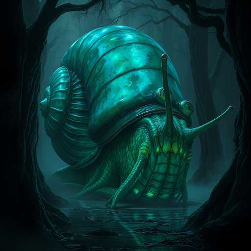 The image depicts a highly detailed, computer-generated scene of a fantastical snail in a dark, eerie forest. The snail, which appears to be made of a shiny, metallic material, has a greenish-blue hue with a scaly texture on its body and head. Its shell is adorned with intricate ridges and lines, giving it a mechanical appearance. The snail's head features two long antennae and two eyes, one of which is glowing green. The creature is positioned in a puddle of water, surrounded by dark, shadowy trees that create a foggy, mysterious atmosphere. The overall color palette of the image is dominated by dark greens, blues, and blacks, enhancing the otherworldly and slightly unsettling vibe of the scene.