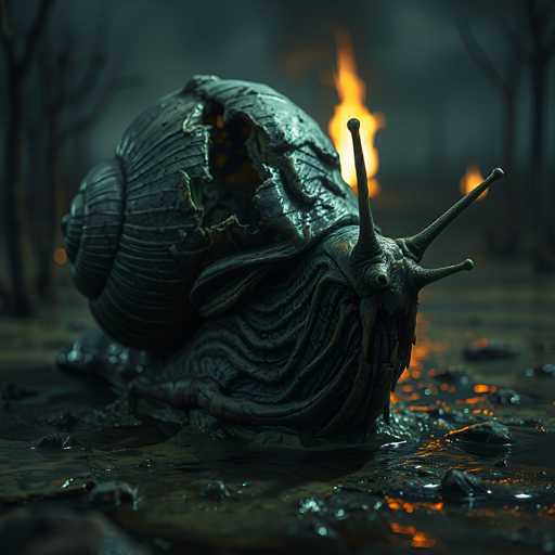 A close-up, highly detailed digital painting of a large snail with a cracked and decaying shell, partially submerged in murky water. The snail is positioned on a dark, reflective surface with scattered debris and glowing embers around it. Its shell is heavily textured, showing signs of damage and decay with visible cracks and organic patterns. The snail's body is dark and slimy, with a slightly distressed or melancholic expression conveyed through its eye. The background is blurred but suggests a dark, possibly forest-like environment with indistinct trees and glowing flames in the distance. The overall lighting is dim, with highlights on the wet shell and water surface, creating a moody and slightly eerie atmosphere. The focus is sharpest on the snail, emphasizing its intricate details and texture.