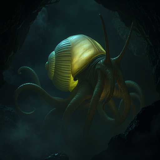 A bioluminescent, alien creature resembling an octopus is nestled within a dark, cavernous space. The creature's body is primarily a muted teal-green, with large, glowing yellow eyes and a bulbous, segmented head. Its tentacles are long and sinuous, adorned with delicate, glowing filaments that seem to pulse with an internal light. The cavern is shrouded in a soft, hazy mist, and the only visible light source emanates from the creature itself. The overall atmosphere is one of mystery and otherworldly beauty, with a focus on the creature's organic form and its ethereal glow.