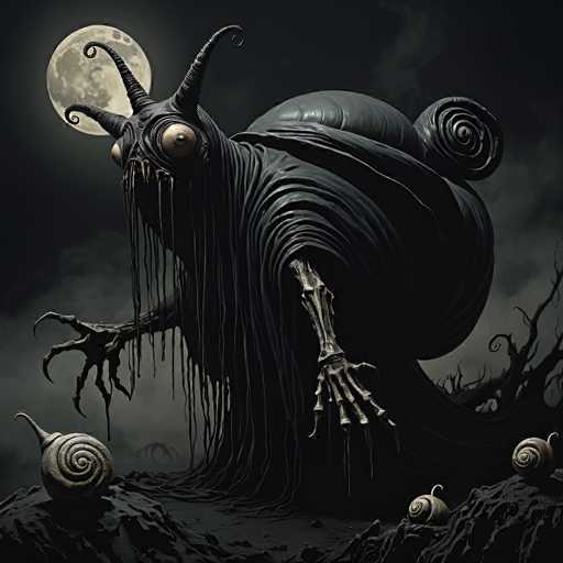 The image depicts a dark, eerie scene featuring a monstrous creature set against a black background. The creature, which appears to be a hybrid between a snail and a human, has a large, bulbous body covered in black, slimy skin. Its most striking features include two enormous, bulging eyes with long, drooping eyelashes, and two prominent, spiral horns protruding from its head. The creature's body is adorned with several snail-like shells, including one on its back and two on its sides. It has long, skeletal arms ending in sharp, claw-like fingers, with one arm raised and the other extended downward. The creature's mouth is filled with sharp teeth, and there are strings or tentacles hanging from its face. The ground beneath it is dark and rocky, with four snail shells scattered around. In the background, a full moon casts a dim light, adding to the overall spooky atmosphere of the scene.