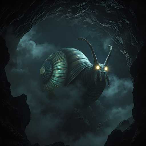 This image depicts a highly detailed, computer-generated 3D model of a fantastical creature that appears to be a hybrid between a snail and a dragon. The creature is situated inside a dark, cavernous environment, with rocky formations and clouds surrounding it. Its body is primarily dark gray with a metallic sheen, and it features a large, shiny green shell on its back. The creature's head is adorned with two long, curved horns that extend backward, and it has four sharp, yellow fangs protruding from its mouth. Its eyes are glowing yellow, adding to its menacing appearance. The overall scene is dark and eerie, with the creature emerging from the depths of the cave, creating a sense of mystery and otherworldliness.