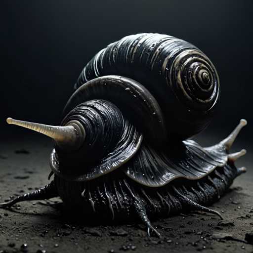 This image features a close-up of a snail, showcasing its intricate details. The snail's body is predominantly black, with a glossy, slimy texture that gives it a wet appearance. Its shell is a striking combination of black and gold, with the gold being more prominent towards the outer edges. The snail's head is extended, revealing two antennae that are also black and gold. The snail is positioned on a dark, possibly muddy surface, which adds to the overall somber tone of the image. The background is a deep black, enhancing the contrast and making the snail's colors stand out vividly.