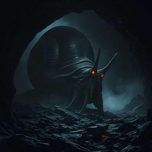 A colossal, bioluminescent snail-like creature emerges from a dark cave in a desolate, otherworldly landscape. The creature is massive, with a thick, segmented shell and long, glowing antennae that pierce the dim light. The ground is uneven and rocky, with patches of glowing lava or embers scattered throughout. A thick mist hangs in the air, obscuring the background and adding to the eerie atmosphere. The creature's eyes glow with an intense orange light, giving it a menacing and otherworldly appearance.