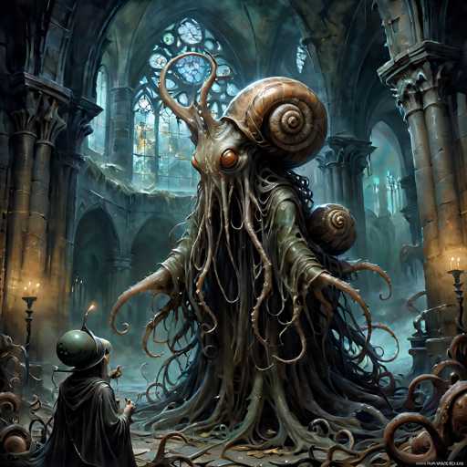 A fantastical, highly detailed digital painting in a dark fantasy style. The central focus is a colossal, ancient-looking creature resembling an enormous, moss-covered snail or slug. It stands in a grand, gothic interior – possibly a ruined cathedral or an underground chamber – with towering stone pillars and stained-glass windows casting ethereal light. The creature's body is a mix of organic textures, with large, spiraled shells and thick, root-like appendages. It has glowing orange eyes and long, tentacle-like appendages that seem to be covered in moss or fungal growth. 

A small, hooded figure stands before the creature, holding a glowing orb or lantern. The scene is dimly lit, with warm candlelight illuminating parts of the creature and the surrounding environment, creating a sense of mystery and perhaps reverence. The overall color palette is muted, with deep blues, greens, and browns dominating the scene, punctuated by the warm glow of light sources. The style is highly detailed, with intricate textures and a focus on atmospheric lighting to create a fantastical and slightly eerie atmosphere. The composition is dramatic, emphasizing the scale of the creature in relation to the small figure.
