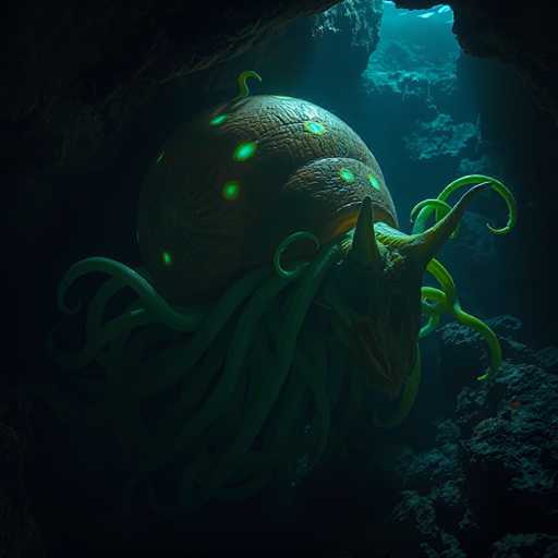 This image depicts a fantastical, deep-sea creature that appears to be a hybrid between a snail and a dragon. The creature has a large, brown shell adorned with glowing green dots, giving it an otherworldly appearance. Emerging from the shell are numerous tentacles, reminiscent of a squid, which add to its eerie and mysterious aura. The creature's head features two prominent horns, enhancing its dragon-like qualities. It is set against a backdrop of dark, murky water, suggesting it inhabits the depths of the ocean. The scene is illuminated by a beam of light, possibly from a submersible vehicle, which highlights the creature and creates a dramatic contrast with the surrounding darkness. The overall atmosphere is both captivating and unsettling, as the creature seems to be emerging from the shadows, adding to its enigmatic presence.
