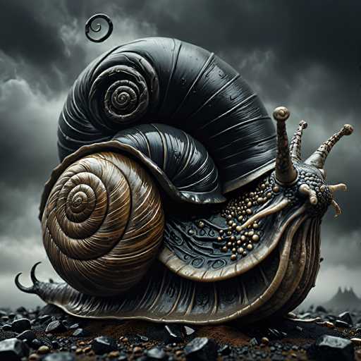 A hyperrealistic, intricately detailed image of a giant snail with a complex, spiraling shell. The snail is positioned on a dark, rocky surface, surrounded by small pebbles and a swirling, ethereal mist. The shell is primarily a deep, textured black with hints of metallic sheen and intricate patterns, while the inner layers are a warm, golden brown. The snail's body is dark and muscular, with prominent antennae extending from its head. A small, swirling spiral of mist hovers above the snail's shell, adding to the mystical atmosphere. The background is a dark, cloudy sky with soft, diffused lighting, creating a sense of depth and mystery. The overall style is highly detailed and fantastical, emphasizing the texture and form of the snail's shell.