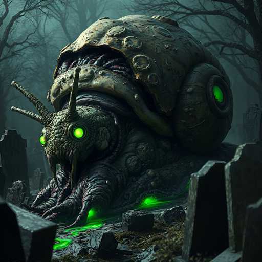 The image depicts a highly detailed, computer-generated scene of a monstrous snail in a graveyard. The snail, which appears to be made of metal, has a shell adorned with rivets and a glowing green light emanating from a hole on its side. Its head, resembling that of a fly, features two large antennae and luminous green eyes. The snail's body is slimy and gray, with tentacles extending from its mouth, dripping with a green, gooey substance. Surrounding the creature are broken headstones and scattered gravestones, adding to the eerie atmosphere. The background is filled with leafless trees, enhancing the dark and ominous setting.