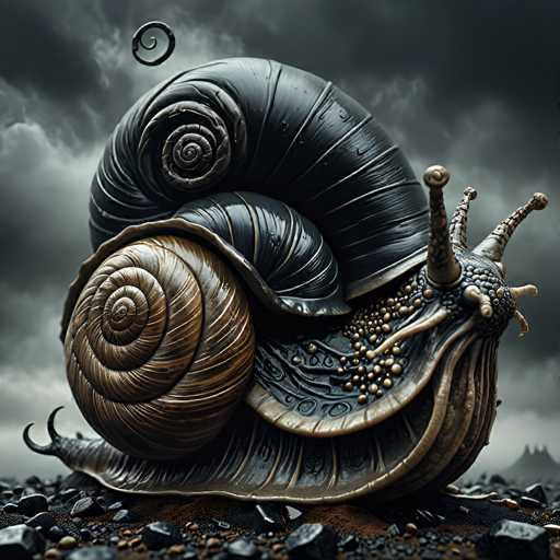 This image depicts a highly detailed, computer-generated 3D model of a snail, set against a dark, cloudy sky. The snail features a striking combination of black and gold colors. Its body is primarily black with intricate gold accents, particularly noticeable on its head and antennae. The snail's shell is a complex structure: the inner part is a shiny black with subtle gold highlights, while the outer part is a rich brown adorned with gold stripes and circular patterns. The snail's head is equipped with multiple antennae, some of which have small snail shells on their tips, and it has two prominent eyes. The snail is positioned on a rocky surface, with its head facing to the right and its tail to the left. The overall scene is dark and moody, with the snail standing out vividly against the ominous background.