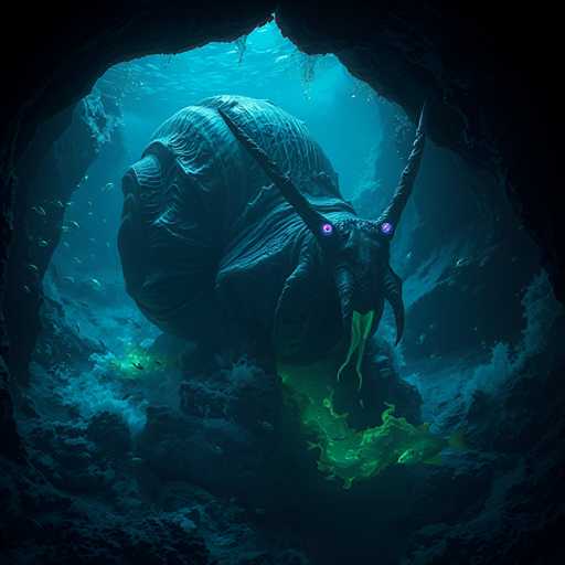 A colossal, bioluminescent creature resembling a giant, segmented snail emerges from an underwater cave in a vibrant, dark ocean scene. The creature's body is a deep, textured blue-black, with glowing green bioluminescent tendrils and a large, bulbous head featuring two prominent, purple-glowing eyes. The cave is dimly lit by the creature's internal light and scattered, glowing green particles in the water. Small, shimmering fish dart around the creature's body and within the cave. The overall atmosphere is mysterious and fantastical, emphasizing the scale and otherworldly nature of the creature.