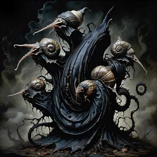 The image depicts an abstract piece with a dark color scheme and a twisted tree-like structure composed of multiple snails. The snails have long antennae that extend outwards from the center of the sculpture. The background is shrouded in darkness, creating a sense of mystery and intrigue around the artwork.