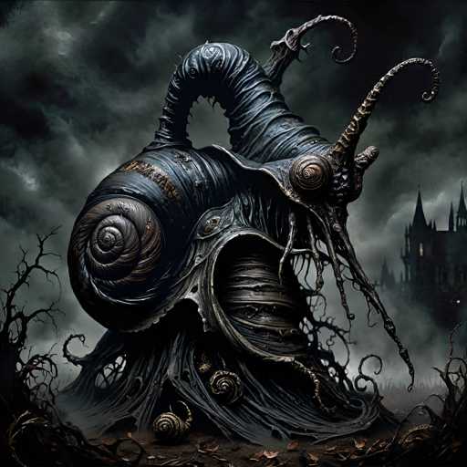 The image depicts an eerie scene set against a dark and stormy sky. Dominating the center of the frame is a large, twisted snail shell with a pointed head and a curled body adorned in black and gold hues. The shell is situated on a bed of leaves and twigs, adding to the overall sense of dread and mystery. In the background, there are trees and bushes, providing a natural backdrop that contrasts with the unsettling atmosphere created by the snail shell.