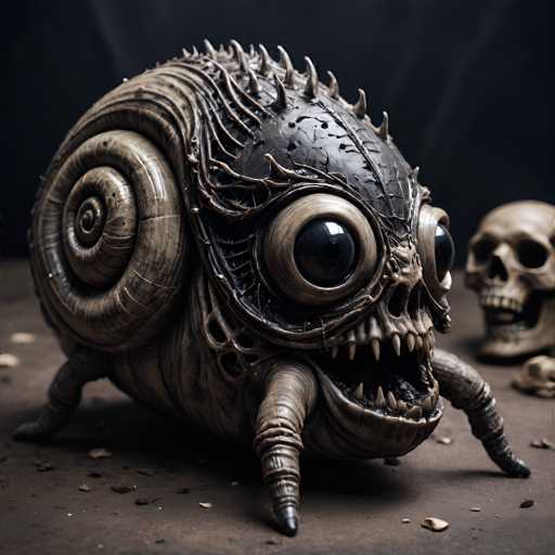 The image depicts a highly detailed, computer-generated creature that appears to be a hybrid between a snail and a monster. The creature has a large, spiral shell on its back, reminiscent of a snail's shell, and it stands on four legs that resemble those of a snail. Its body is covered in intricate, vein-like patterns that add to its monstrous appearance. The creature's face features two large, bulging eyes with black pupils, giving it a menacing look. Its mouth is wide open, revealing sharp teeth, and its nose is hollow, adding to its eerie appearance. The creature is positioned on a gray surface, and in the background, there is a skull, suggesting a dark and possibly macabre setting. The overall color scheme of the image is predominantly gray, with the creature's shell displaying a mix of gray and black hues.