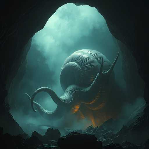 A colossal, bioluminescent snail-like creature emerges from a dark cave in a misty, otherworldly landscape. The creature's massive shell is textured with intricate patterns and glows with an internal, soft light, while its long, spiraling body is partially obscured by the mist. The cave entrance is framed by jagged rocks and a hazy, teal-colored fog that partially obscures the background. The overall atmosphere is mysterious and fantastical, with a sense of scale and wonder.