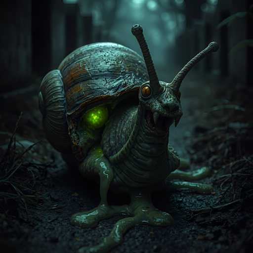 A close-up, slightly low-angle shot of a large, mutated snail with an unsettling, glowing green eye in its shell. The snail is positioned on a dark, damp surface with scattered leaves and dirt. Its body is slimy and textured, with visible green slime trails. The snail's mouth is wide open, revealing sharp teeth and a dark interior. Its antennae are long and curved, pointing upwards. The background is blurred, suggesting a dimly lit, possibly overgrown environment with hints of fog or mist in the distance. The overall lighting is low-key, emphasizing the eerie and unsettling nature of the creature.