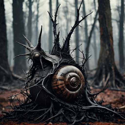 A surreal, dark image depicts a snail-like creature nestled within a decaying, organic structure resembling a tree stump. The central figure is a dark, textured snail shell adorned with twisted, black organic material and sharp, bone-like protrusions. It's positioned amidst a forest floor of dark soil and decaying roots, with blurred, muted trees in the background suggesting a misty or otherworldly setting. The overall style is fantastical and slightly eerie, with a focus on organic textures and muted tones.