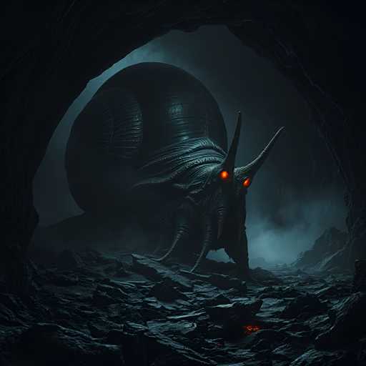 The image depicts a large snail with glowing red eyes and horns, standing on rocks in the center of an underground cave. The snail is facing towards the right side of the image, giving the impression that it's about to move or explore further into the cave. The cave itself appears dark and mysterious, with a tunnel-like structure running through its center.