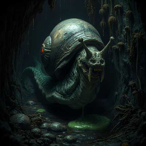 This image depicts a highly detailed, computer-generated 3D model of a monstrous, snail-like creature. The creature's body is predominantly green, with a slimy, wet appearance, and it features a large, dark gray shell adorned with gold accents. The shell has a distinct red eye on its side, adding to its eerie appearance. The monster's face is particularly frightening, with a wide-open mouth filled with sharp, yellow teeth, including two prominent fangs. Its head is equipped with two long, pointed horns and two antennas, enhancing its alien-like look. The creature appears to be emerging from a dark, cave-like environment, surrounded by slimy rocks and green slime on the ground. The overall scene is dark and foreboding, with the monster's menacing presence dominating the image.