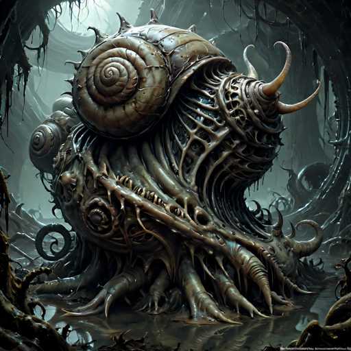 The image depicts an intricate and complex monster sculpture made from a dark green material with twisted and coiled tentacles that extend outwards. The monster is positioned centrally within the frame, surrounded by a dense forest of twisted tree branches and vines in various shades of brown and black.