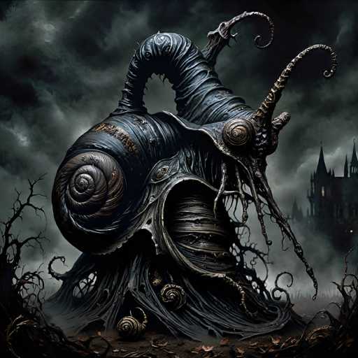 A colossal, dark, biomechanical creature resembling a giant snail dominates the frame. Its shell is a deep, textured black, adorned with intricate metallic details and organic-looking protrusions. Long, spindly appendages extend from its body, ending in sharp, claw-like structures. The creature's head is a grotesque, multifaceted form with glowing eyes and a gaping maw. It stands amidst a desolate, overgrown landscape of twisted roots and decaying vegetation, shrouded in a dark, stormy sky. In the background, a distant, gothic castle looms under the ominous clouds, adding to the overall sense of mystery and dread. The lighting is dim and atmospheric, emphasizing the creature's imposing size and otherworldly nature.