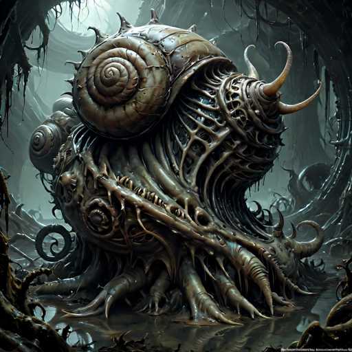 The image depicts a highly detailed, computer-generated fantasy creature that appears to be a hybrid between a snail and a dragon. The creature is situated in a dark, cavernous environment with a grayish-green hue, featuring roots, vines, and possibly water on the ground. The creature itself has a metallic, bronze coloration and is covered in intricate, vein-like patterns that resemble the structure of veins or plant roots. It has a large, spiral shell on its back, reminiscent of a snail's shell, and a prominent, curved horn protruding from its head. The creature's body is adorned with numerous tentacles and appendages, some of which are curled up, while others extend outward. The overall appearance is both alien and organic, with a texture that suggests it could be made of metal or some other synthetic material. The creature's eyes are visible, adding to its lifelike yet fantastical presence in the scene.