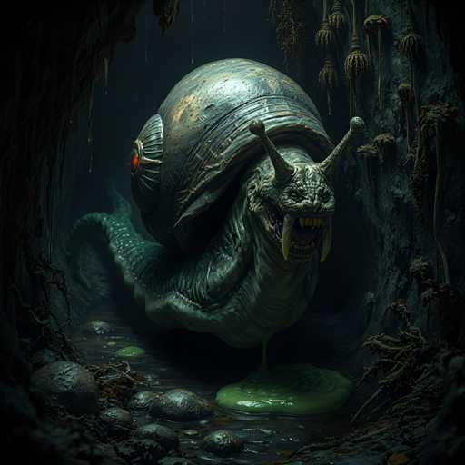 The image depicts a large green snail with red eyes and sharp teeth, standing on a rock in the center of an underground cave. The snail is surrounded by rocks and plants, creating a sense of depth and mystery within the dark cave environment.