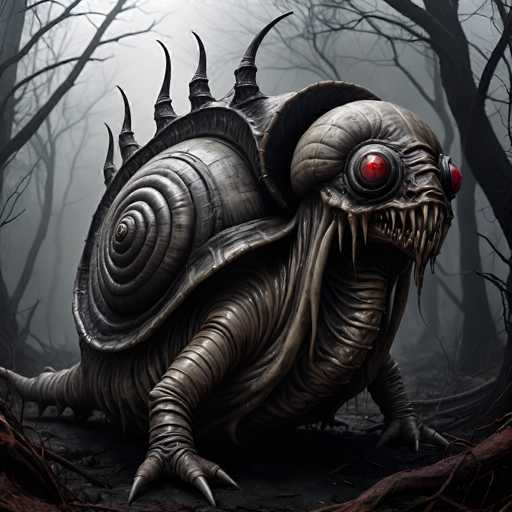 The image depicts a menacing, computer-generated creature set in a dark, foggy forest. The background features tall, leafless trees with dark brown trunks and branches, shrouded in a misty gray fog. The ground is littered with brown leaves and branches, adding to the eerie atmosphere.

The creature itself is a grotesque amalgamation of a snail and a monster. Its body is covered in gray, scaly skin with numerous wrinkles. It has four legs, each ending in three sharp claws. The creature's shell is spiral-shaped, adorned with black spikes that protrude from the top, giving it a menacing appearance.

The head of the creature is particularly frightening, with two large, bulging red eyes that have black pupils. Its mouth is filled with long, sharp, white teeth that resemble fangs, contributing to its terrifying visage. The overall color scheme of the image is dominated by shades of gray, black, and red, enhancing the sinister and unsettling mood.