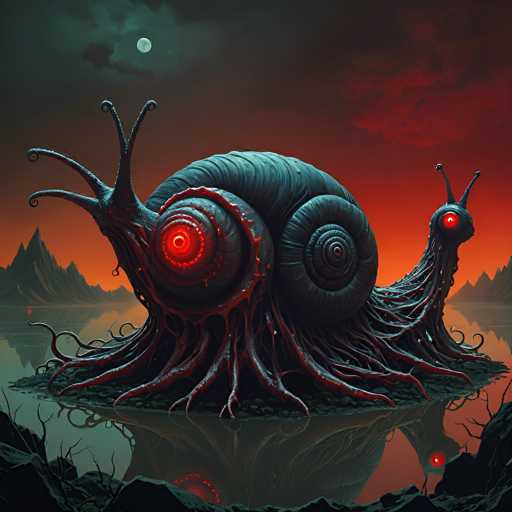 A colossal, bioluminescent snail-like creature with a dark, organic shell and glowing red eyes rests on a reflective, still body of water. The creature's shell is intricately detailed with swirling patterns and appears to be made of a dark, possibly metallic or organic material. It has multiple, long tentacles extending from its body, some of which are also glowing with red light. The creature's eyes are large and intensely glowing, giving it an otherworldly appearance. 

The background features a dramatic landscape with dark, jagged mountains and a reddish-orange sky. A pale moon hangs in the sky, casting a soft glow on the scene. The water's surface is calm and reflects the creature and its surroundings, creating a mirror-like effect. The overall atmosphere is mysterious and slightly eerie, with the creature's bioluminescence adding to its otherworldly presence.