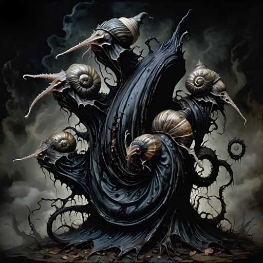 A surreal, dark fantasy artwork depicting a cluster of giant, bioluminescent snails emerging from a twisted, organic structure resembling a dark, pulsating tree. The snails have elongated, spiraled shells and long, slender tentacles with glowing tips. They are clustered together in a dynamic arrangement, some seemingly intertwined and others reaching out towards the viewer. The background is a swirling, dark, ethereal mist with hints of deep purple and black, suggesting a mysterious or otherworldly environment. The overall style is highly detailed and fantastical, with an emphasis on texture and organic forms.