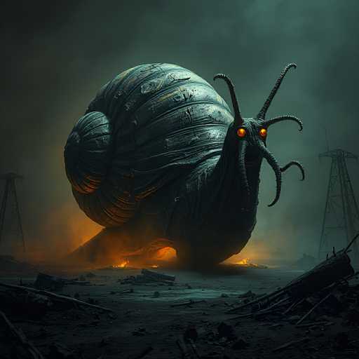 The image depicts a colossal, menacing snail with a dark gray, almost black shell, emerging from a pile of rubble. The snail's body is equally dark, blending seamlessly with its shell. Its head is adorned with six tentacles—four extending from the sides and two from the top—each tipped with glowing orange eyes that pierce through the gloom. The snail's mouth is wide open, revealing a dark interior, adding to its intimidating appearance. The surrounding environment is shrouded in darkness, with the ground littered with debris and wooden pieces. In the background, two power lines stretch across the scene, their towers barely visible through the haze. The sky is a deep, ominous gray, enhancing the overall eerie and foreboding atmosphere of the image.