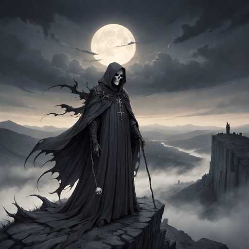 The image depicts a haunting scene featuring a skeletal figure draped in a tattered black cloak, standing on a rocky outcrop. The skeleton's face is stark white, with hollow eye sockets and a prominent nose cavity, giving it a chilling appearance. The cloak is heavily tattered, with jagged edges and holes that reveal the skeletal form beneath. A large cross adorns the chest of the figure, adding to its ominous presence. The skeleton wields a staff in its left hand, which is topped with a skull, while its right hand holds a chain that also ends in a skull. The backdrop is equally eerie, with a dark, cloudy sky dominated by a full moon. Below, a winding river snakes through the landscape, flanked by distant mountains. To the right, a tall cliff rises, upon which another skeletal figure stands, gazing down at the scene below. The overall atmosphere is one of foreboding and mystery, perfectly capturing the essence of Halloween.