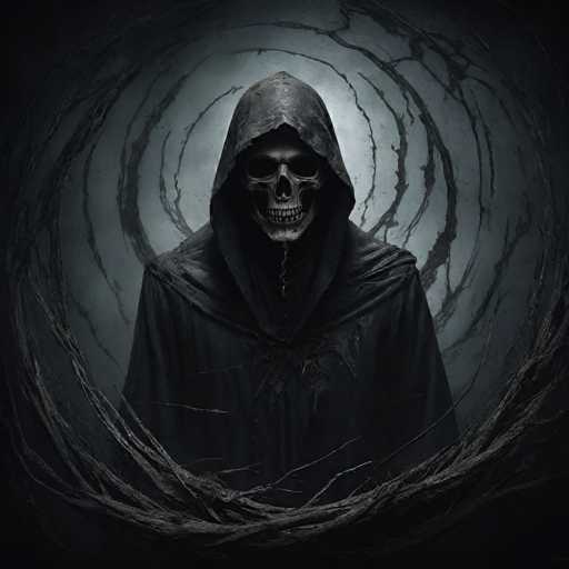 The image depicts a menacing skeleton figure, reminiscent of the Grim Reaper, dressed in a tattered black hooded cloak. The skeletal face, with its hollow eye sockets and prominent teeth, is starkly visible, giving it a haunting appearance. The cloak, which appears to be made of a tattered fabric, drapes over the figure's shoulders and extends down to its waist, where it is cut off in the image. The background features a circular pattern of black and gray lines, creating a textured, almost cracked appearance that contrasts with the figure's dark attire. The overall color scheme is dominated by shades of black, gray, and white, enhancing the eerie and ominous atmosphere of the scene.
