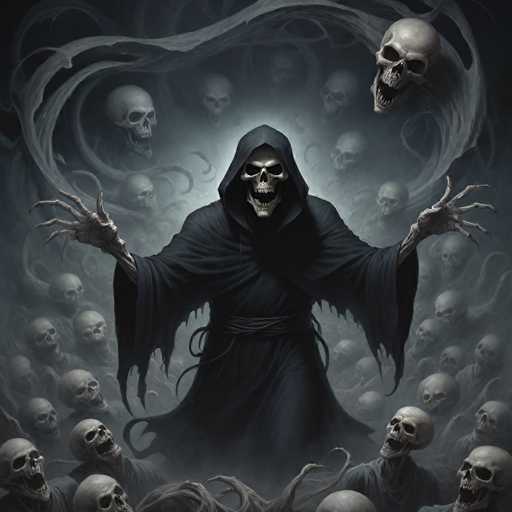 The image depicts a dark and eerie scene featuring a figure dressed in a black robe with hooded hands, surrounded by numerous skulls of varying sizes and positions. The figure appears to be in the midst of a ritual or ceremony, possibly a grimoire or a similar religious practice.