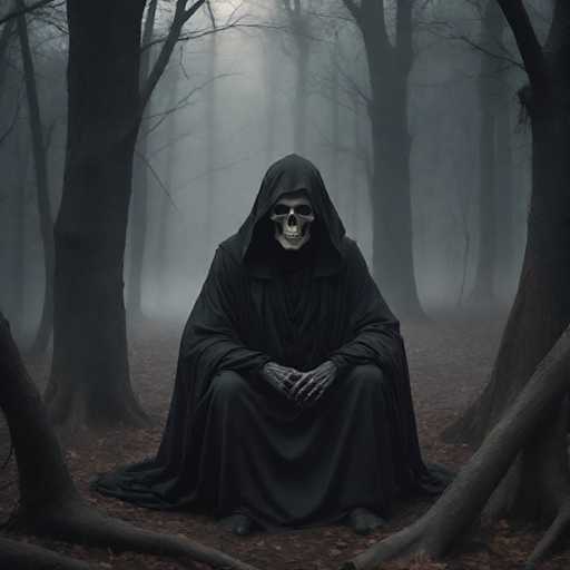 A skeleton dressed in black robes is seated on a log in a forest setting, with the trees and fog surrounding it.