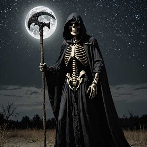 A skeletal figure, dressed in a black hooded robe and holding a scythe-like staff with a glowing crescent moon head, stands in a desolate, windswept landscape under a starry night sky. The figure's skeletal form is detailed and menacing, with visible ribs and bony hands. A full moon hangs in the sky behind the figure, casting an eerie glow on the scene. The background features a dark, silhouetted landscape with bare trees and a hazy horizon, emphasizing the desolate atmosphere. The overall mood is one of mystery, darkness, and perhaps a touch of foreboding, typical of a Halloween or fantasy setting.