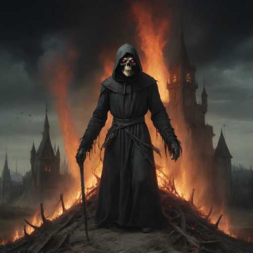 The image depicts a Gothic-style scene with a dark figure wearing a black robe and hood standing on a cliff overlooking a burning castle below. The figure is holding a staff, suggesting a sense of authority or control over the situation. The background features a sky filled with smoke and flames, further emphasizing the destructive nature of the scene.