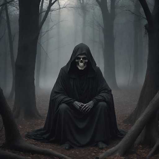 In this eerie, computer-generated image, a skeletal figure dressed in a long, black hooded robe sits at the center of a dense, foggy forest. The figure's bony hands are clasped together in front of its lap, and its skull, complete with visible teeth and eye sockets, faces the viewer directly. The robe, which extends to the ground, reveals bare feet at the bottom. Surrounding the figure are tall, leafless trees with thick trunks, their branches stretching out into the misty background. The forest floor is covered in a thick layer of brown leaves, adding to the overall dark and somber atmosphere of the scene.