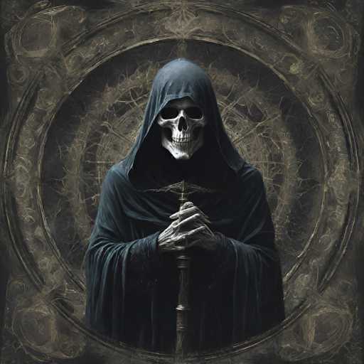 The image depicts a striking and eerie scene featuring a skeletal figure draped in a dark, hooded cloak. The skeleton's bony hands are clasped together, gripping a staff adorned with a cross at its top. The background is a complex tapestry of concentric circles, each layer more intricate than the one before, creating a sense of depth and mystique. The outermost circle is a deep black, followed by a lighter gray circle, and then another black circle, all interspersed with various symbols and patterns. The overall color palette is dominated by shades of black, gray, and white, with subtle hints of blue, adding to the somber and haunting atmosphere. The image is devoid of any text, allowing the viewer to focus entirely on the intricate details and the haunting presence of the skeletal figure.