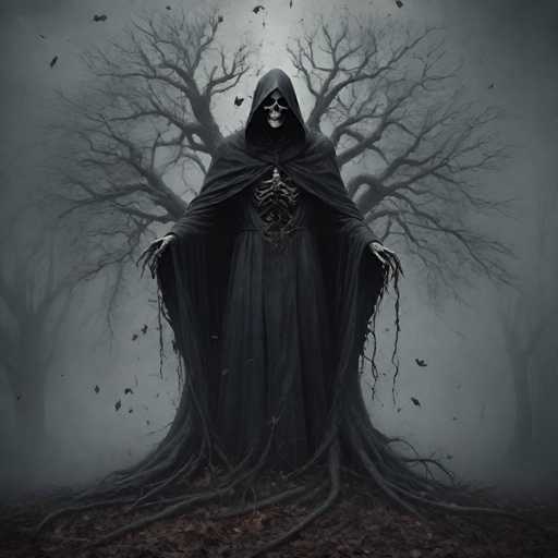 The image depicts a menacing skeletal figure, reminiscent of the Grim Reaper, standing in a dark, eerie forest. The figure is cloaked in a long, black hooded robe that extends to the ground, with tattered fabric and stringy sleeves draping down. The skeletal face, with its hollow eye sockets and exposed teeth, is stark white, creating a haunting contrast against the dark attire. The chest reveals a visible ribcage, adding to the macabre appearance. 

Behind the figure, a large, gnarled tree with twisted branches and no leaves stands ominously, its dark silhouette blending into the foggy, gray background. The ground beneath the skeletal figure is covered in brown leaves, and the air is thick with mist, enhancing the overall spooky atmosphere. The scene is devoid of any text, focusing solely on the chilling visual elements.