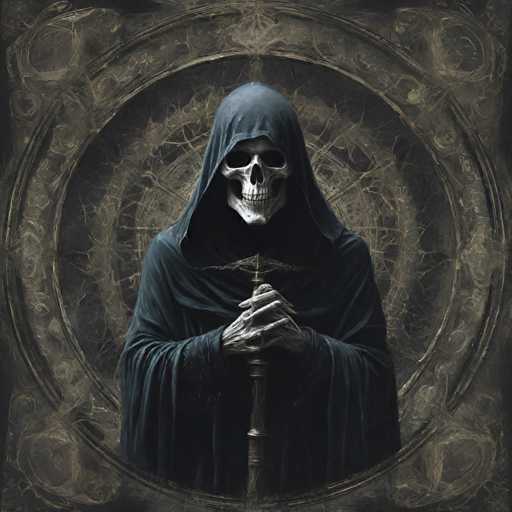 The image depicts a skull with its hands clasped together and a staff held above it. The skull is wearing a black robe that contrasts with the dark background. The background features a circular pattern in shades of brown and gray, which appears to be a circle of circles or a ring-like structure.