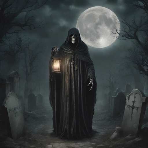 In this eerie, computer-generated image, a menacing skeleton stands prominently in the center of a desolate graveyard. The skeleton, draped in a tattered black hooded robe, holds a glowing lantern in its right hand, casting an ominous light on the scene. Its bony fingers are long and sharp, adding to the chilling effect. The skeleton's face is a stark white, with hollow eye sockets and a gaping mouth, giving it a terrifying appearance. Surrounding the skeleton are numerous headstones, some adorned with crosses, while others bear various inscriptions. The ground is littered with debris, and the overall atmosphere is dark and foreboding. In the background, a full moon glows brightly, partially obscured by clouds, while barren trees with no leaves stand on either side of the image. The entire scene is shrouded in a misty fog, enhancing the spooky and haunting ambiance.