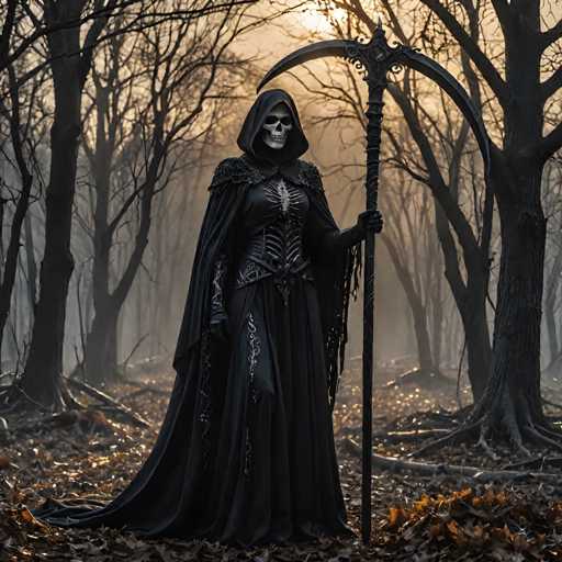 A person dressed as a skeleton with a long black cape and holding a large metal staff or staff-like object is standing in the center of an autumn forest. The trees surrounding them have lost their leaves, suggesting that it might be fall season.